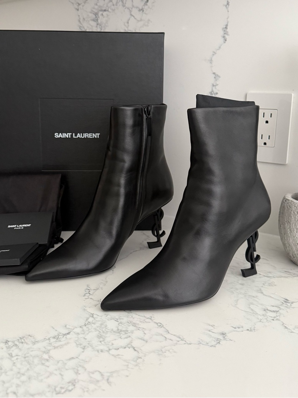 Saint Laurent Black Leather Sculpted YSL Heel Ankle Boots